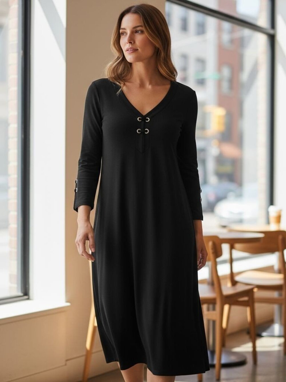 Joseph Ribkoff Black A Line Swing Dress Womens Size 8 Grommets Stretch Comfort